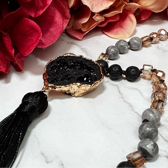 Natural Stone Necklace with Gold Dipped Hematite Geode Druzy Pendant & Tassel - Picture 11 of 16
